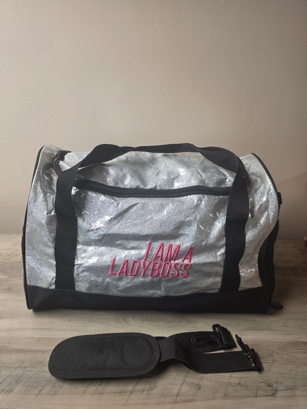 Silver Ladyboss Glitter Duffle Bag